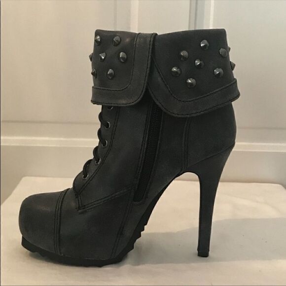 𝅺paprika Studded Lace Up Heeled Booties Gray 7 - Picture 3 of 6